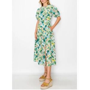 NEW Melloday Tropical Print Puff Sleeve Midi Dress in Green Leaf Print, Size XL